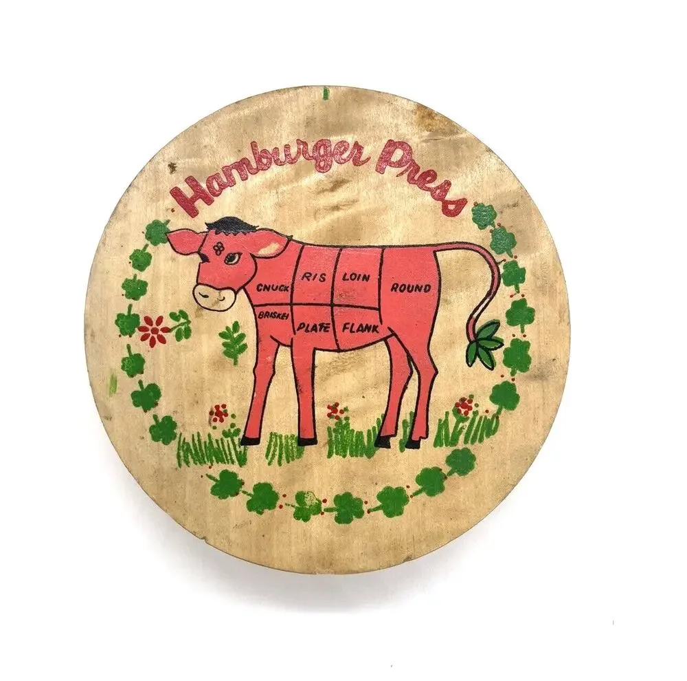 Vintage Wood Hinged Hamburger Press Hand Painted Cow Nevco Made in Taiwan